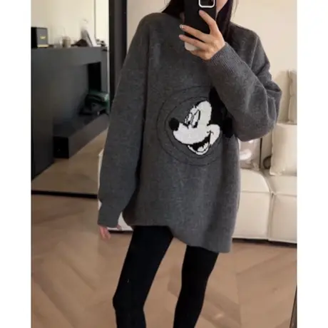 毛衣外套女秋冬2023新款女装宽松中长款卡通慵懒风搭配裙子上衣女图片