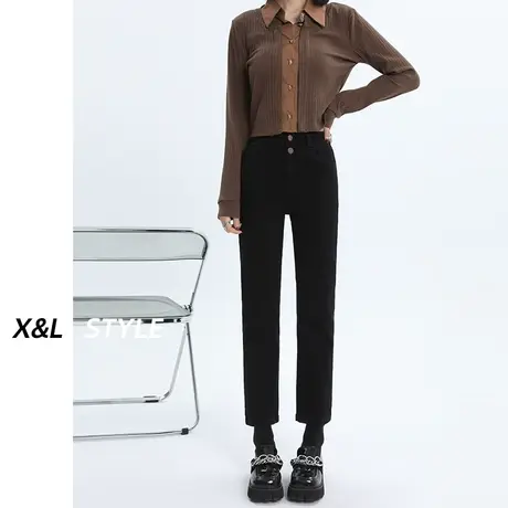 黑色高腰直筒牛仔裤女秋冬2023新款窄版显瘦小个子九分法棍烟管裤商品大图