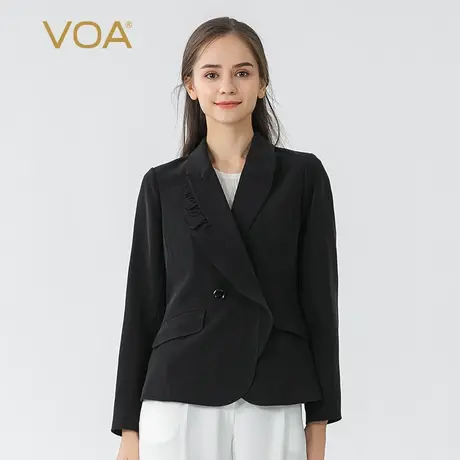 VOA墨黑45姆米重磅厚桑蚕丝不对称西装领长袖双排扣真丝西服外套图片