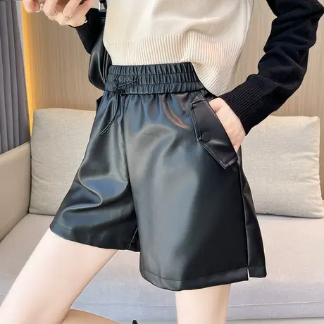 外穿休闲阔腿短裤女秋冬季高腰显瘦加厚a字pu皮裤小个子打底靴裤图片