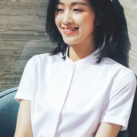 雀后白色短袖衬衫女立领2024夏装新款职业时尚工作服抗皱免烫衬衣商品大图