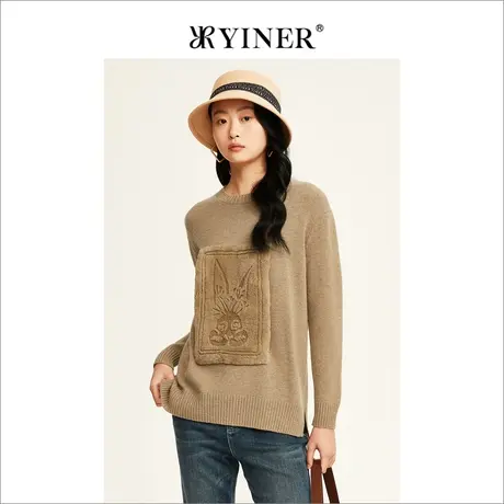 YINER音儿专柜女装2022冬季新款兔子印花羊毛混羊绒针织衫商品大图