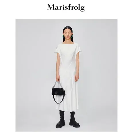 【进口抗菌面料】玛丝菲尔22夏季新款斜纹拼接荷叶边白色连衣裙女商品大图