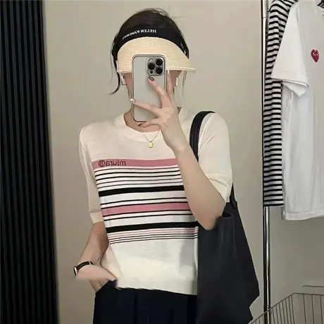 条纹针织衫女短袖薄款2023新款t恤夏季宽松减龄洋气半袖女士体恤图片