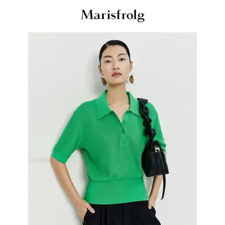 #多巴胺穿搭# 玛丝菲尔夏季新款POLO领罗纹肌理感侧开衩针织女商品大图