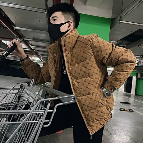 冬季立领棉衣男2023新款复古满印字母高级感重磅加厚棉服外套冬装图片