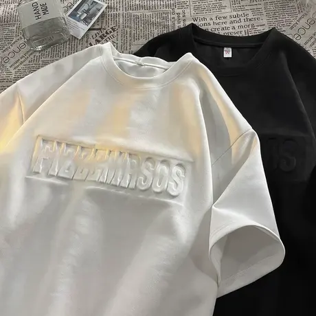 短袖t恤男夏季美式复古2024新款潮牌男装上衣宽松麂皮绒半袖体恤商品大图