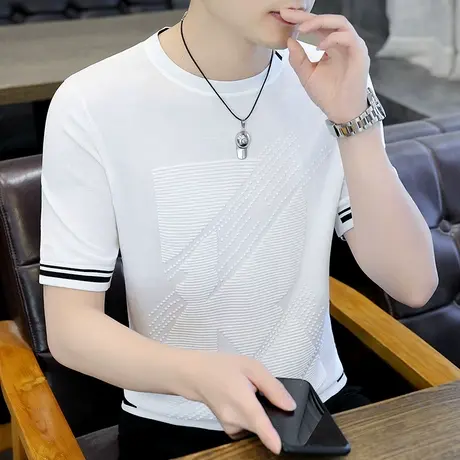 高端冰丝圆领短袖t恤男2023夏季潮牌时尚修身针织休闲半袖体恤男T商品大图