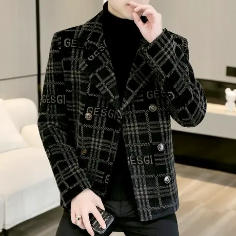 冬季加厚貂绒保暖外套男士双排扣短款呢子风衣高级感韩版毛呢夹克图片