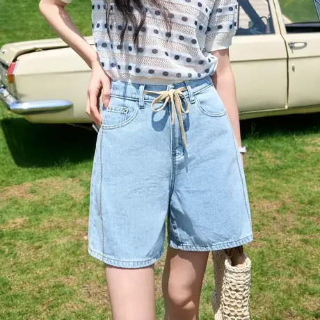 时尚气质牛仔短裤2023年夏季新款女士简约高腰显示通勤百搭直筒裤商品大图