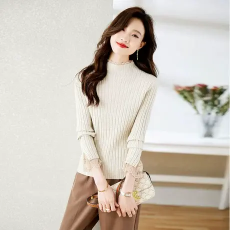 时尚气质保暖蕾丝毛衣女士2023年冬季新款百搭加厚显瘦针织衫商品大图