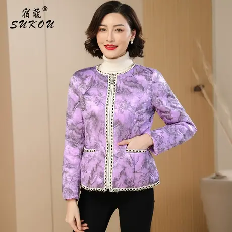 紫罗兰色小款羽绒服女短款设计感圆领2024冬装修身白鸭绒保暖外套商品大图