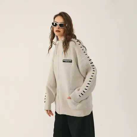 潮牌纯色半高领毛衣女秋冬2023新款美式复古宽松针织拉链开衫外套图片