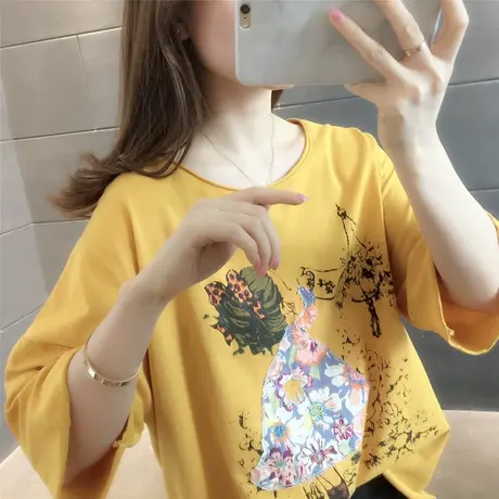 2023夏季新款文艺范女孩印花韩版百搭上衣宽松套头圆领短袖T恤女商品大图