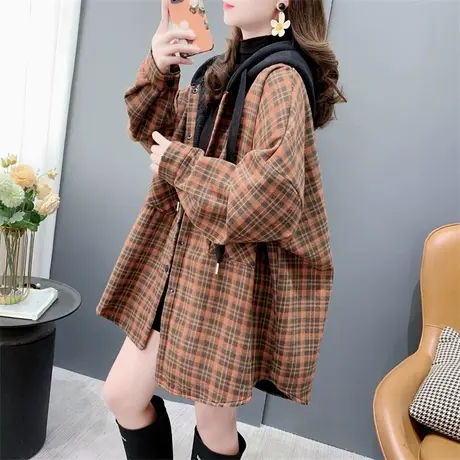 复古港味休闲加绒连帽格子衬衣女2023秋冬新款宽松慵懒风百搭外套图片