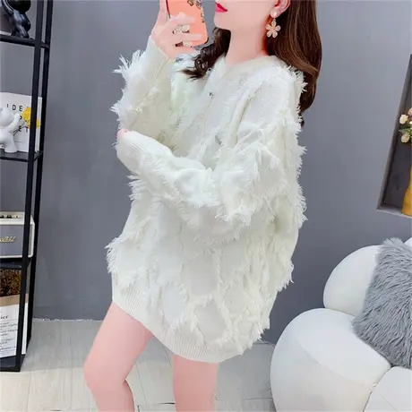 中长款流苏软糯圆领毛衣女早秋2023新款宽松设计感洋气针织打底衫图片