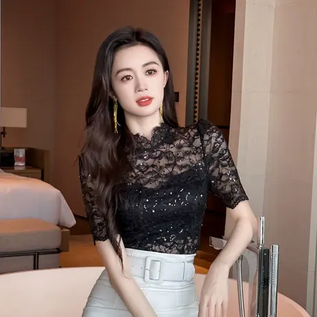 蕾丝镂空立领短袖t恤女夏季优雅修身打底衫薄款洋气独特别致上衣商品大图