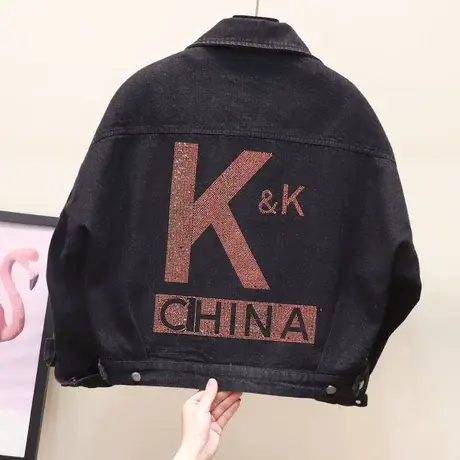 烫钻黑色牛仔外套女宽松韩版bf春秋短款百搭网红牛仔外套女潮ins商品大图