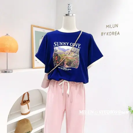 2023夏季新款短袖上衣韩国东大门ins印花拼色T恤小个子设计感休闲商品大图