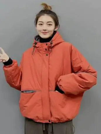 网红纯色拉链夹棉连帽女长袖外套2023秋冬新款宽松加厚棉衣ins潮图片