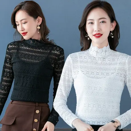 芙黛怡蕾丝高领打底衫2022新款春秋镂空雪纺洋气时尚长袖网纱内搭图片