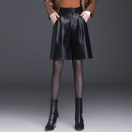 春秋季阔腿皮短裤女高腰2023新款韩版大码五分PU皮裤直筒休闲裤子商品大图