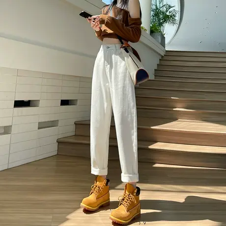 米白色哈伦牛仔裤女春秋冬加绒加厚显瘦高腰宽松九分萝卜老爹裤子商品大图