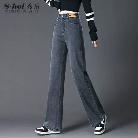 高腰弹力直筒阔腿牛仔裤显瘦长裤子女2024秋冬新款中年妈妈烟灰色商品大图