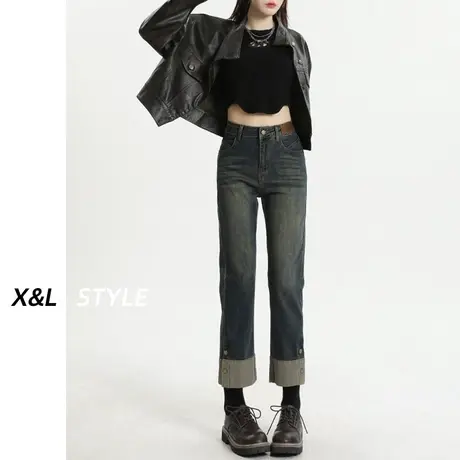 高腰直筒拼接牛仔裤女秋冬2023新款小个子九分复古显瘦法棍烟管裤商品大图