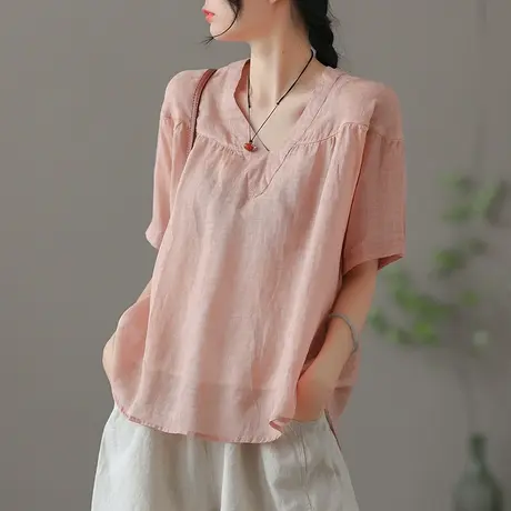 dza 复古薄款苎麻上衣女士夏季短袖衬衫宽松V领气质漂亮棉麻衬衣图片