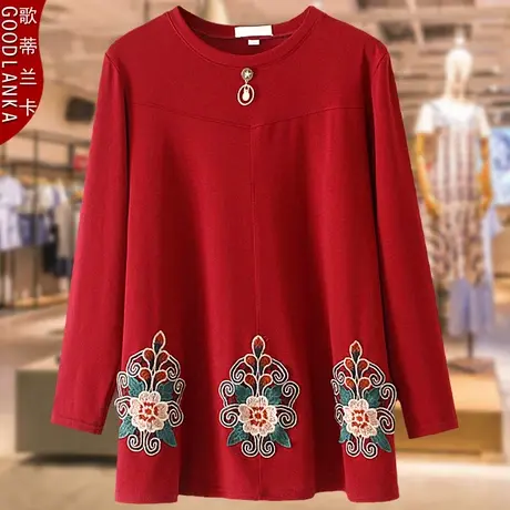 加肥加大码女中老年针织T恤裙中年妈妈装秋装长袖刺绣中长款上衣商品大图