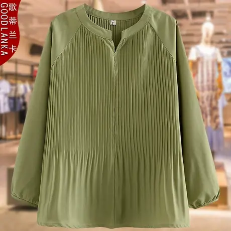 加肥加大码中年妈妈秋装雪纺衫上衣宽松遮肚洋气V领褶皱长袖T恤女商品大图