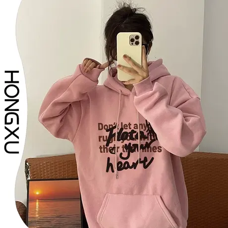 红续秋冬粉色甜美风连帽卫衣女新款小众设计感加绒保暖上衣长袖潮商品大图