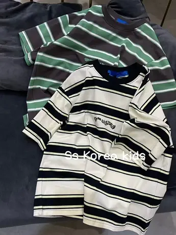 显白复古绿色条纹短袖T恤女宽松显瘦印花百搭打底衫上衣学生夏季商品大图