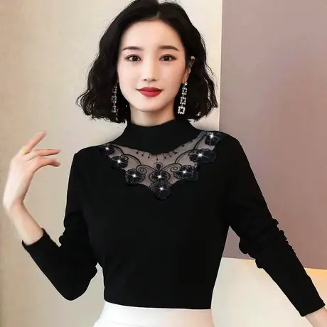 2023春装秋冬新款打底衫洋气蕾丝加绒加厚半高领长袖上衣女仙T恤图片