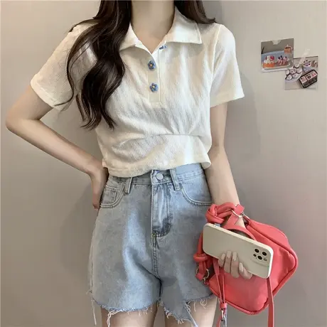 polo领正肩短袖T恤女ins潮夏季半袖2025新款chic港味上衣甜辣短款商品大图