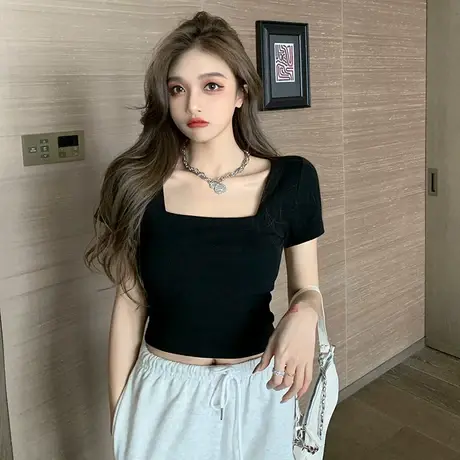 短袖黑色t恤女装2024年夏季新款设计感辣妹短款方领法式紧身上衣商品大图