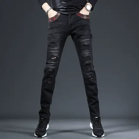 美式高街破洞牛仔裤男款修身小脚黑色潮牌2022年秋季新款男士裤子商品大图