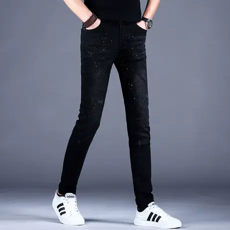 男士黑色烫钻加绒牛仔裤男款秋冬款2023新款高端裤子修身小脚潮牌图片