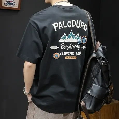 印花短袖t恤男士潮牌大码夏季2024新款男款纯棉胖子男装黑色体恤商品大图