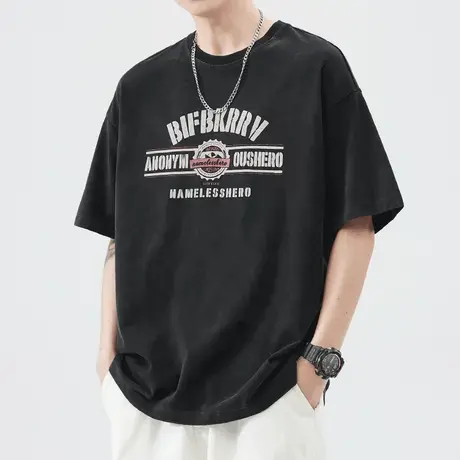 美式高街字母印花t恤男生夏季短袖男款体恤男士纯棉无领上衣男装商品大图