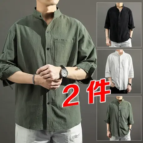 七分亚麻短袖衬衫男长袖2025夏季t恤休闲寸衣宽松大码立领男装潮图片