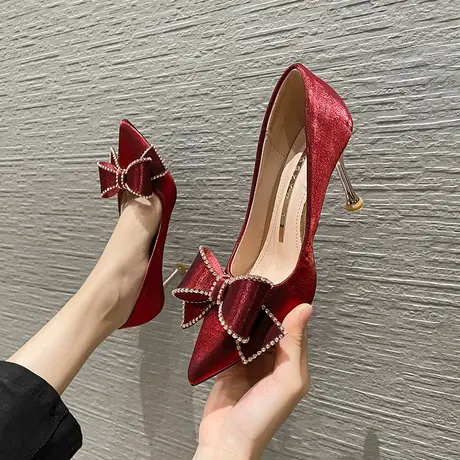 红色水钻蝴蝶结高跟鞋女细跟2024年夏季新款性感少女尖头百搭单鞋图片