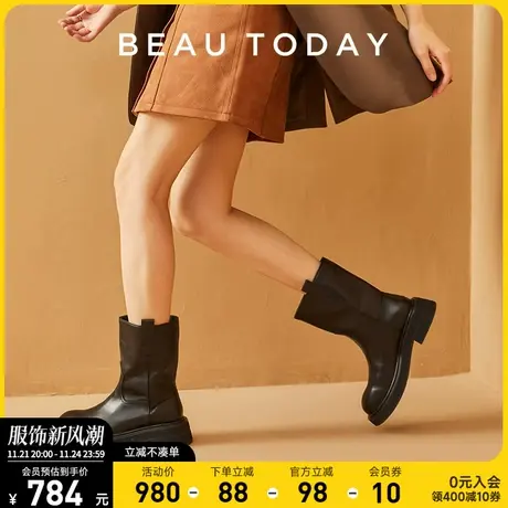 BeauToday短靴女秋冬2023新款骑士靴BT厚底粗腿时装靴真皮中筒靴图片