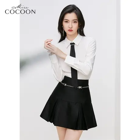 missCOCOON学院风白色衬衫女2023新款春减龄宽松百搭撞色领带上衣商品大图