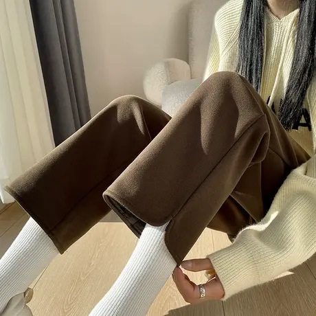 九分休闲毛呢裤女冬季新款加绒加厚高腰小个子哈伦阔腿直筒西装裤图片