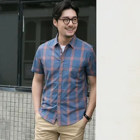 格慕施男士短袖衬衫夏季纯棉宽松格子青年大码商务休闲男装衬衣服图片