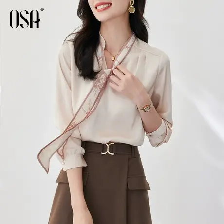 OSA欧莎法式V领飘带雪纺衫女秋装2022年新款高级感显瘦长袖上衣商品大图
