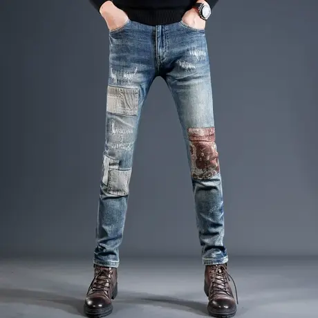 香港高端复古破洞补丁牛仔裤男秋冬款修身小脚潮流潮牌痞帅男裤子商品大图