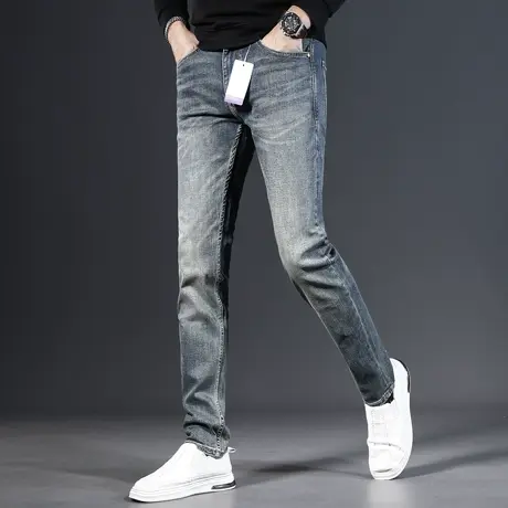 高端蓝色牛仔裤男秋冬款2023新款修身小直筒潮牌弹力休闲男士裤子商品大图